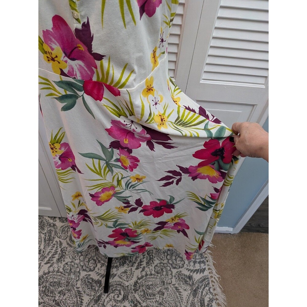 Chaps Maxi Dress sz L Cream Pink Multi Floral 100% Cotton Knit Tropical Hawaiian - Picture 5 of 13